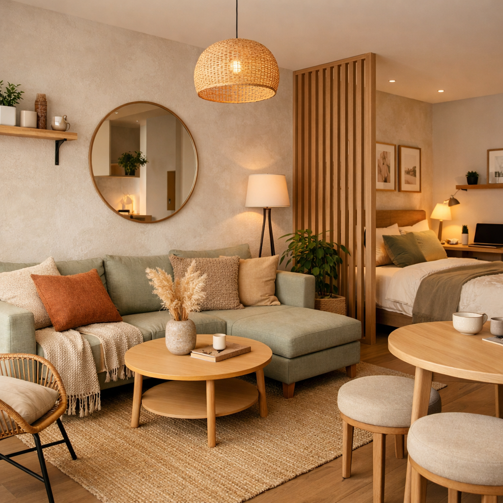 Sala moderna decorada con colores cálidos y muebles funcionales – tendencias decoración 2026